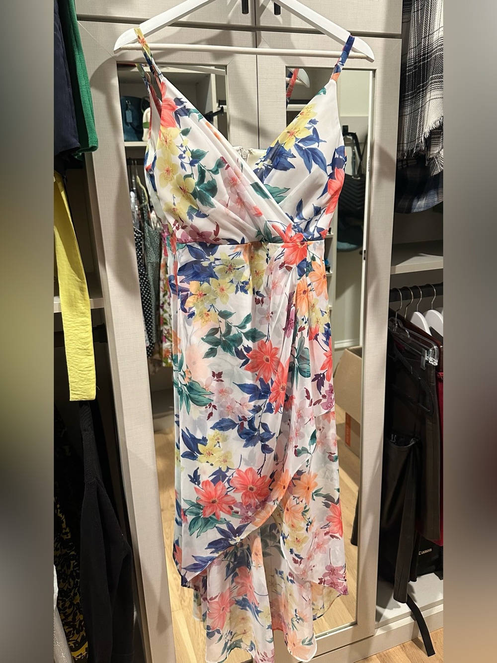 Guess Floral High-Low Dress — White with Coral, Yellow & Blue Blooms